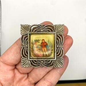 Vintage Celluloid Painting Romantic Framed French Portrait Courting Silver Tone